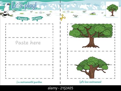 Lassen Sie sich das Puzzlespiel mit Dschungel-Thema ausschneiden und einfügen Stock Vektor