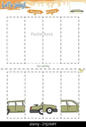 Lassen Sie sich ein Puzzlespiel mit Transportthema ausschneiden und einfügen Stock Vektor
