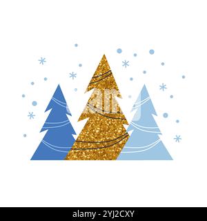 Weihnachtsbäume, eleganter minimalistischer Stil, festliche Vektor-Design-Vorlage Blau und Gold Stock Vektor