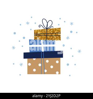 Eingewickelte Weihnachtsgeschenke, eleganter minimalistischer Stil, festliche Vektor-Design-Vorlage in Blau und Gold Stock Vektor
