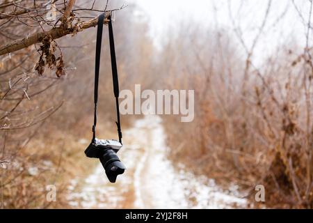 Eine digitale spiegellose Kamera hängt an einem Ast in einem Herbstwald. Stockfoto