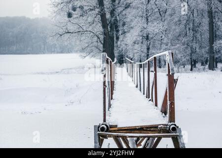 Verschneite Fußgängerbrücke über den Fluss, Winterlandschaft mit Bäumen und Schnee, Frost auf den Bäumen. Stockfoto