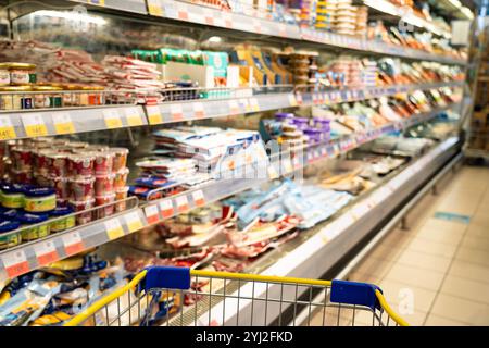Nahaufnahme eines leeren Lebensmittelwagens vor dem Hintergrund von Regalen und Lebensmittelregalen in einem Supermarkt Stockfoto