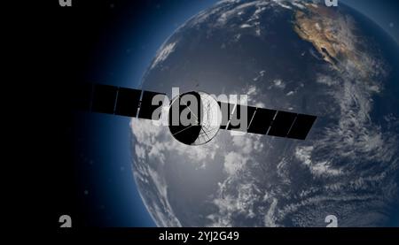 Abbildung eines Satelliten umkreist die Erde vor dem Hintergrund des Weltraums. Stockfoto