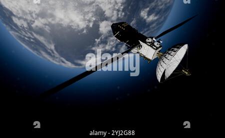 Abbildung eines Satelliten umkreist die Erde vor einem Hintergrund des Weltraums und eines sonnenbeleuchteten Horizonts. Stockfoto