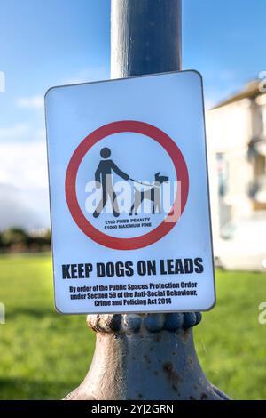 Ein Schild mit der Aufschrift Hunde an der Leitung halten, Warnung vor Strafen und Bußgeldern Stockfoto