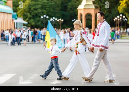 Romny, Region Sumy, Ukraine. Jugendtag, 29. Juni 2014. Patriotische Jugend, Jungen und Mädchen, in traditioneller Kleidung und mit einer Flagge auf dem Jahrestag und Stockfoto