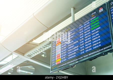 Ein digitales Abflugschild an einem Flughafen, das Fluginformationen wie Fluggesellschaft, Flugnummer, Zielort und Boarding Gate anzeigt. Stockfoto