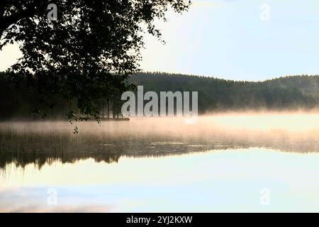 Sonnenaufgang mit Nebel über einem See in Schweden, bei Sonnenaufgang. Romantische Stille, in skandinavischer Natur Stockfoto