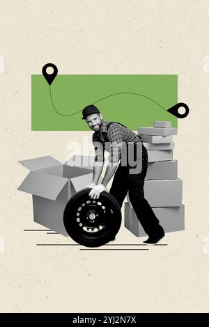 Foto vertikale Collage Grafik minimales Bild des lächelnden Postmanns Verpackung von Kisten Autoteile isolierter grafischer Hintergrund Stockfoto
