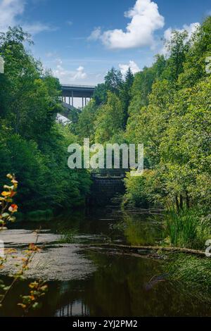 Ein ruhiger Fluss, gesäumt von dichter Vegetation, reflektiert den Himmel mit dramatischen Wolken. Im Hintergrund überquert eine Brücke die von Bäumen umrahmte Landschaft. Stockfoto