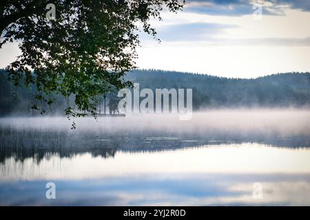 Nebelbildung über einem See in Schweden bei Sonnenaufgang. Romantische Stille, in skandinavischer Natur Stockfoto