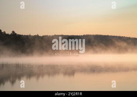 Sonnenaufgang mit Nebel über einem See in Schweden, bei Sonnenaufgang. Romantische Stille, in skandinavischer Natur Stockfoto