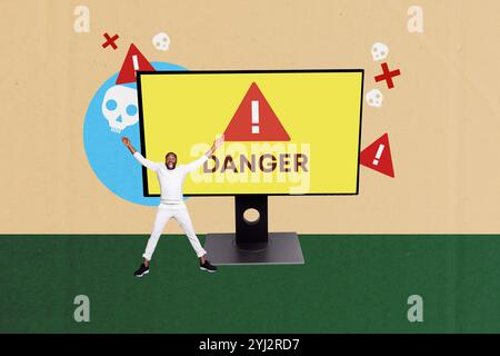 Composite Photo Collage von panic american man Scream pc Monitor Schädel Cyberangriff Schaden trojaner Virus isoliert auf gemalten Hintergrund Stockfoto