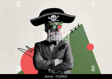 Composite Trend Artwork 3D Skizze Foto Collage von Karikatur Alter Mann glücklich Heilig Kostüm Piraten Kopfbedeckung Brille Bart Schnurrbart Stockfoto