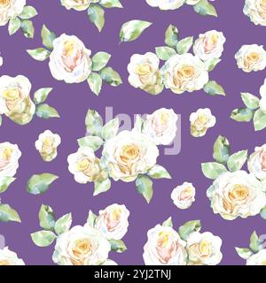 Nahtloses Muster von weißen Rosen Sträußen mit grünen Blättern in Sammlung Gartenblumen. Aquarellillustration für Blumenmuster von Stoffen, Küche Stockfoto