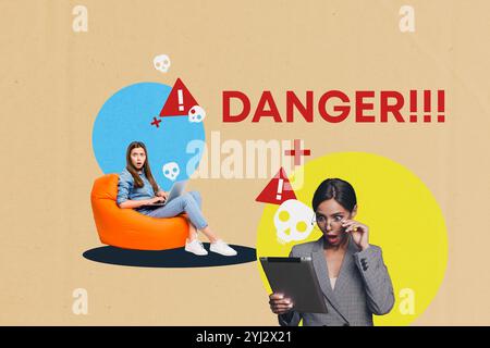 Composite Trend Artwork 3D Skizze Bild Foto Collage von Tänzer Cyberangriff Hacker Privatsphäre Daten junge Dame omg Gesicht Sit Sitzsack Tablet News Stockfoto