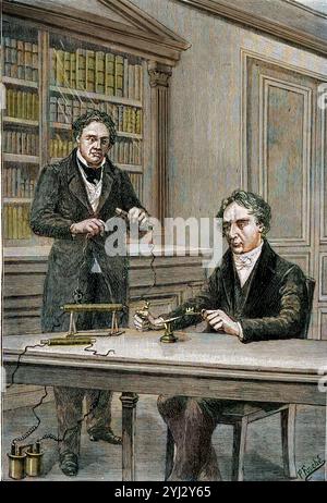 Andre-Marie Ampere und Francois Arago studieren Elektromagnetismus. Andre Marie Ampere Cherchait à comprendre quand Francois Arago tira deux clefs de sa poche - in „Physique populaire“ par Emile Desbeaux, 1891 Stockfoto