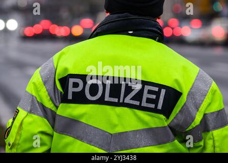 13. November 2024, Sachsen, Dresden: Ein Polizeibeamter steht während einer Verkehrsunterbrechung auf einer Straße. Foto: Robert Michael/dpa Stockfoto