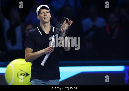 Turin, Italien. November 2024. Jannik Sinner of Italy feiert am dritten Tag des Nitto ATP World Tour Finals das Round Robin-Einzelspiel zwischen Jannik Sinner aus Italien und Taylor Fritz aus den USA. Quelle: Marco Canoniero/Alamy Live News Stockfoto
