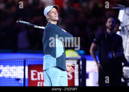 Turin, Italien. November 2024. Jannik Sinner of Italy feiert am dritten Tag des Nitto ATP World Tour Finals das Round Robin-Einzelspiel zwischen Jannik Sinner aus Italien und Taylor Fritz aus den USA. Quelle: Marco Canoniero/Alamy Live News Stockfoto