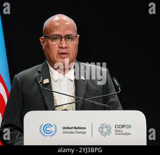 Baku, Aserbaidschan, 13. November 2024. Feleti Penitala Teo, Premierminister von Tuvalu, spricht während des ersten Teils des hochrangigen Segments der Klimakonferenz der Vereinten Nationen im Plenarsaal von Nizami während der COP29, einer Veranstaltung des UNFCCC im Olympiastadion von Baku. Die COP29, die ab November 11-22 läuft, konzentriert sich auf den CO2-Ausgleich sowie die Finanzierung von Nachhaltigkeit und Klimaschutz. Quelle: Dominika Zarzycka/Alamy Live News. Stockfoto