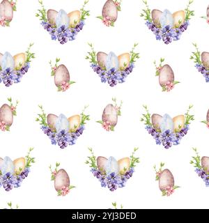 Ostereier mit Blumenmotiv nahtloses Muster isoliert auf weiß. Bunte Eier und Blumen des ersten Frühlings handgezeichnet. Handgemalter Druck für Ostern Stockfoto