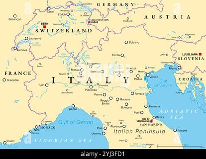 Norditalien, politische Karte. Geographische und kulturelle Region im nördlichen Teil Italiens, einem Land in Europa. Stockfoto