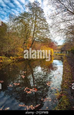 Entlang des Caldon Canal Waterway in der Nähe von Froghall, Staffordshire, England, Vereinigtes Königreich, ist ein landwirtschaftliches Erbe erhalten. Stockfoto