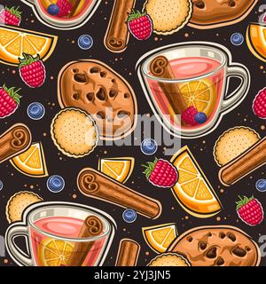 Vektor Fruit Tee nahtloses Muster, dekorativer Hintergrund mit isolierten Illustrationen fliegende Teetasse und gebackene Snacks, quadratisches Plakat mit flachem Lay fre Stock Vektor