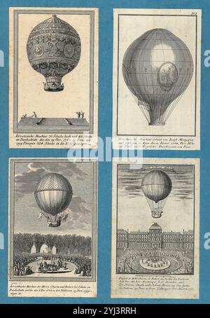 Vintage-Bilder von einigen der ersten Ballons. Paris. 1783-1784 vier Platten, die die von Montgolfier, Charles und Robert in den Jahren 1783 und 1784 gebauten Ballone zeigen, die in Paris und Lyon mit Menschen aufstiegen. Abbildung oben links: 'Aerostatikmaschine 70 Schuhe hoch und 46 Schuhe im Durchschnitt, die am 19. Oktober 1983 in Paris mit Zwey [zwei] Personen 324 Schuhe in der Luft stieg'. Abbildung oben rechts: Aerostatikmaschine, gebaut von Joseph Montgolfier, bestiegen in Injon am 19. Januar 1784. Seine Höhe 126 Fuß und sein größter Durchmesser 104 Fuß." Abbildung unten links: „Aerostatikmaschine von Mr Stockfoto