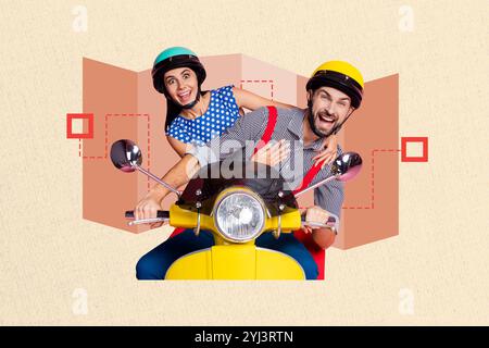 Kreative Fotocollage Bild junger Mann Frau Fahrt Roller Moped schnelle Geschwindigkeit Reisende Touristen Helm Schutz Zeichnung Hintergrund Stockfoto