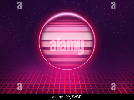 Abstrakter futuristischer Hintergrund mit rundem Neonrahmen auf dunklem Hintergrund mit geometrischem Gitter. Vektorabbildung. Stock Vektor