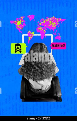 Composite Trend Artwork 3D Skizze Bild Foto Collage der jungen Dame Laptop Hacker Spionage Virus Map globale Warnung Spion Daten Sicherheit Stockfoto