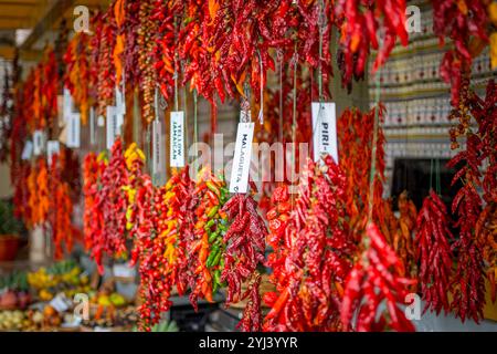 Funchal, Madeira, Portugal, 7. November 2024: Sehen Sie Paprika und Früchte in einem Marktstand am Mercado dos Lavradores, Bauernmarkt, in Funchal, Mad Stockfoto