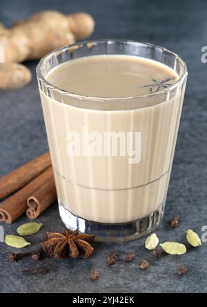 Ein Glas indischer Masala-Tee mit Gewürzen - Zimt, Sternanis, Nelken, Kardamom auf grauem Hintergrund. Stockfoto