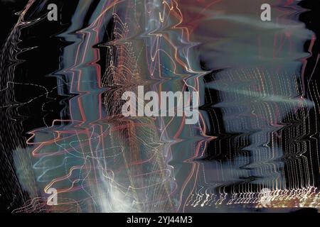 Neonlichter leuchten auf und Flash-Technologie im Hintergrund mit fliegenden Designelementen Stockfoto
