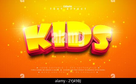 Kinder 3D-Texteffekt Design bearbeitbarer und skalierbarer Vektor-Grafikeffekt mit gelber und roter Typografie-Schrift mit Schatten auf glänzendem Hintergrund Stock Vektor