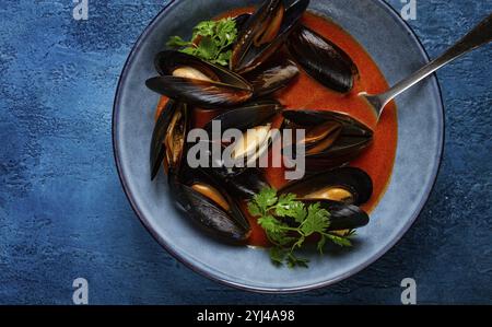 FRA Diavolo Muscheln, Muscheln in Tomatensauce, italienisches Gericht, auf blauem Hintergrund, hausgemacht, keine Leute Stockfoto