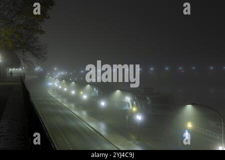 Dresdens Altstadt war im Novembernebel gehüllt. Terrassenufer mit Elbschiffen, Nebelatmosphäre in Dresden, Dresden, Sachsen, Deutschland, Europa Stockfoto