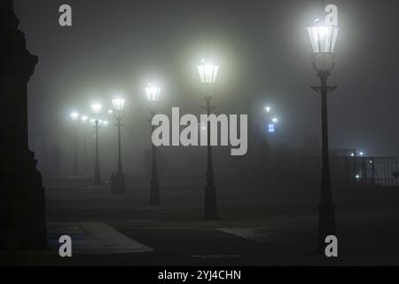 Dresdens Altstadt war im Novembernebel gehüllt. Brühls Terrasse, nebelige Atmosphäre in Dresden, Dresden, Sachsen, Deutschland, Europa Stockfoto