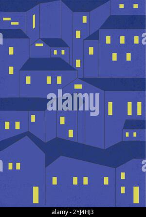 Einfache Illustration „Stadt bei Nacht“. Nächtliche Stadtansicht im Linienstil. Minimalismus Stadtgebäude, Vorstadtwohnhaus Vektorkunst. Stock Vektor
