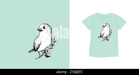 T-Shirt mit Vogelmuster. Damentrikot, Sportuniform, kurzes Oberteil, Bluse mit Rundhalsausschnitt. Skizzenabbildung. Vorlagenmodell Stock Vektor