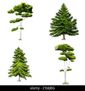 Flauschige Tannen und Kiefern auf der Wiese. Eine Reihe von Nadelbäumen und Büschen isoliert auf weißem Hintergrund. Digitale Illustration mit Aquarell. Libellen und Stockfoto