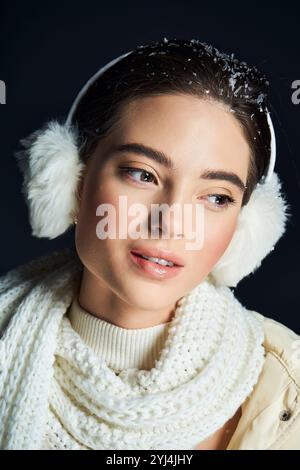 Eine Frau mit strahlender Haut trägt warme Ohrenschützer und einen weichen Schal, der Winterzauber ausstrahlt. Stockfoto