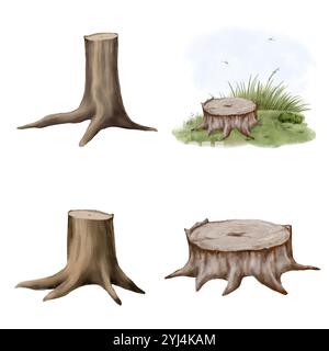 Baumstumpf auf der Wiese. Set aus verschiedenen Stümpfen und Büschen isoliert auf weißem Hintergrund. Digitale Illustration mit Aquarell. Libellen und Schmetterlinge Stockfoto