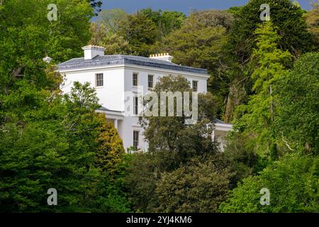 Greenway Haus in den Bäumen, Blick vom gegenüberliegenden Flussufer. Dies war Agatha Christies Ferienhaus am Fluss Dart, nahe Dittisham in Devon. Stockfoto