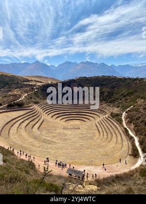 Die archäologische Stätte von Moray, die sich auf der Spitze des Heiligen Tals der Inkas in Peru befindet. Stockfoto