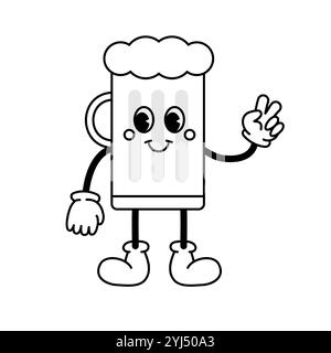Vektor groovy Retro Cartoon Umriss Bier isoliert auf weißem Hintergrund Stock Vektor