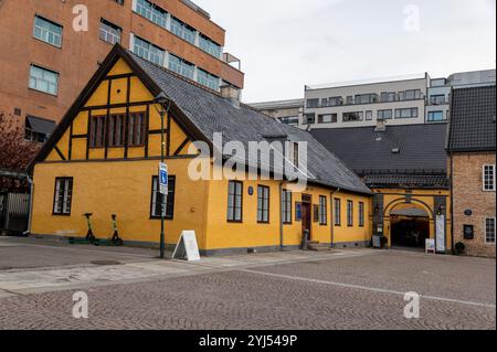 Ein Wasserbrunnen mit Handschuhen, der auf die Gründung von Oslo in Norwegen zeigt. 1624 zeigte der Dänisch-norwegische König Christian 1V. seine Handschuhe Stockfoto